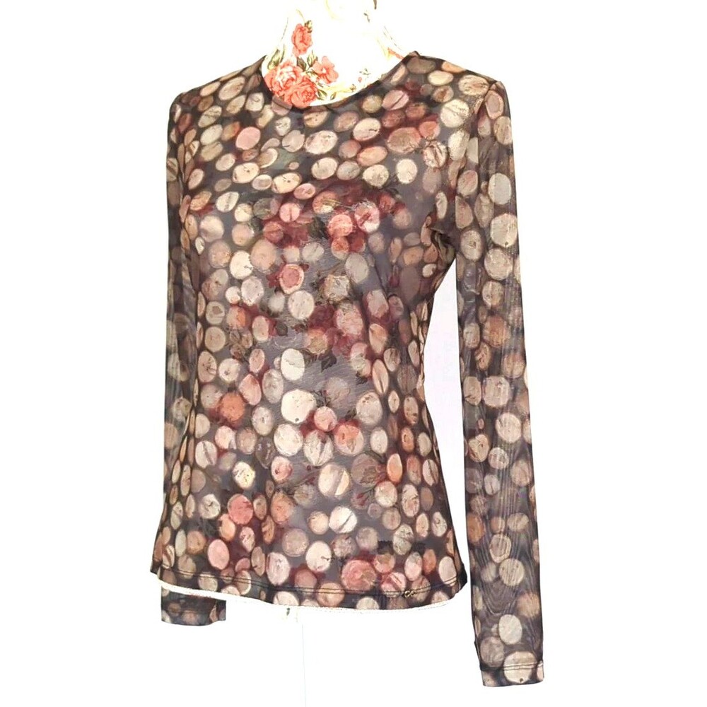 Waggon Paris Y2K Long Sleeve Sheer Top Bokeh Sz 42 US Medium 90s Retro Brown EUC